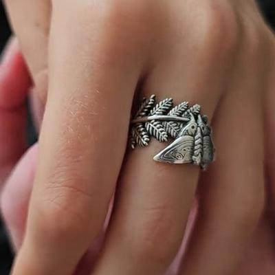 Moth And Fern Adjustable Ring Handmade Vintage Insect Animal Wrap Ring Inspirational Jewelry Gift for Women Men