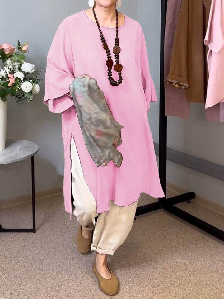 2026 summer new European and American women's solid color round neck seven-quarter sleeve casual linen split-ended long top