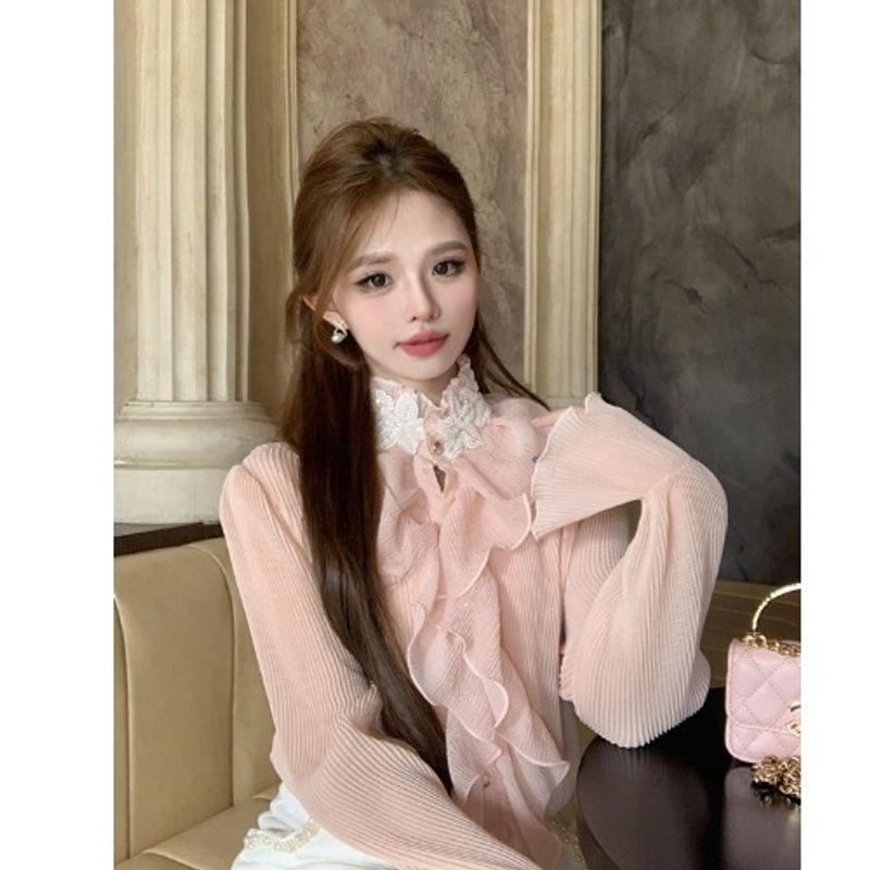 

Ruffles Patchwork Fall and Winter French Bell Sleeve Lace Pink S