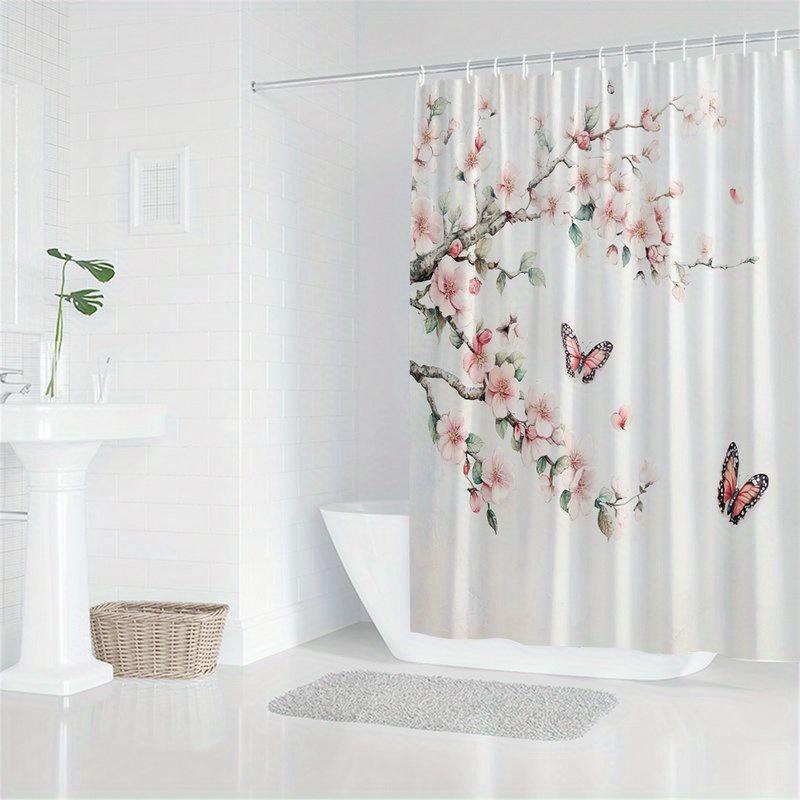 1pc Light Pink Cherry Blossom Shower Curtain - Soft Translucent Petals, Green Leaves and Butterflies, Machine Washable Polyester