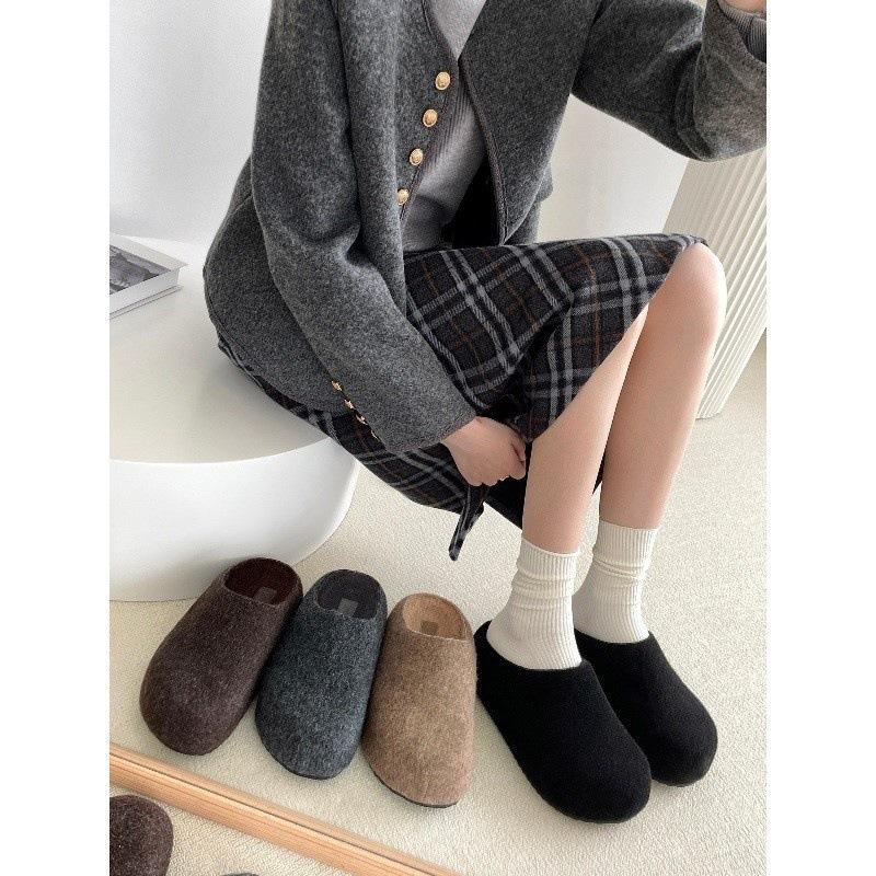 Small inner height increase thick-soled Birkenstocks high-end fluffy shoes lazy autumn and winter bag head half slippers single shoes