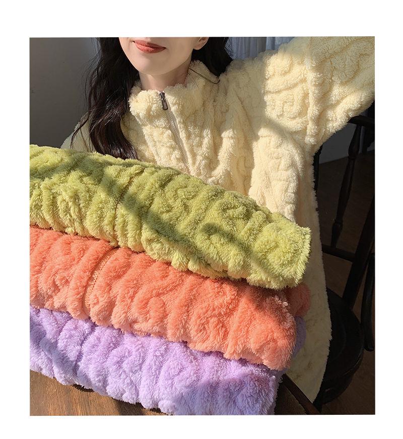 Women's 2024 Milk Yellow Coral Fleece Pajamas with Velvet Lining and Zipper for Fall/Winter Wear.