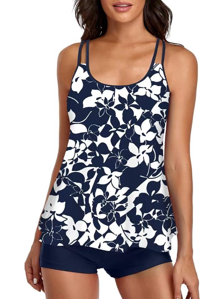 Popular Plus Size Women's Tankini: Halter Vest & Flat Leg Swim Trunks with Loose Print