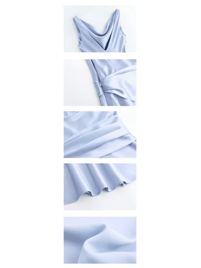High-End Acetate Glossy Swing Collar Dress: Summer Socialite Style with Pleated Waist-Cinching and Luxe Texture.