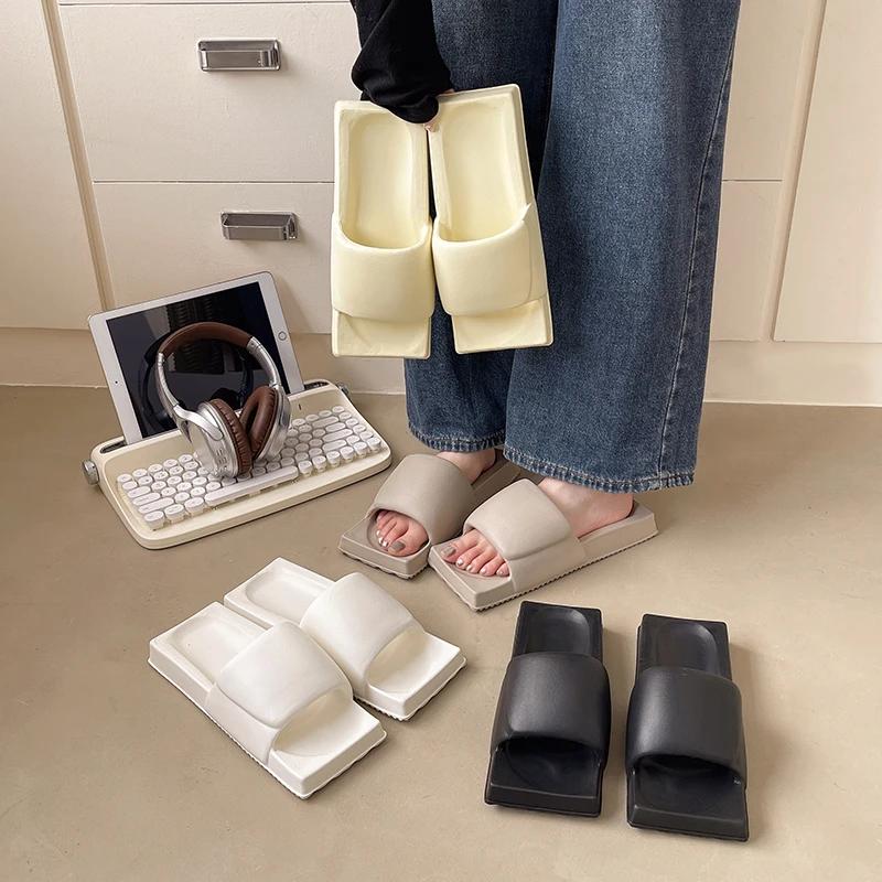Fashion New Summer Women Home Slippers  Clogs Square INS Solid Flat Bottomed Non-Slip Girl Slides Home Indoor Bathroom Shoes