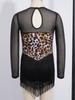 Children’s Latin Dance Competition Dress Leopard Print Fringe Long Sleeve Keyhole Back Mesh Patchwork Sparkling Rhinestone Tassel