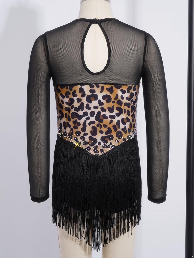 Children’s Latin Dance Competition Dress Leopard Print Fringe Long Sleeve Keyhole Back Mesh Patchwork Sparkling Rhinestone Tassel