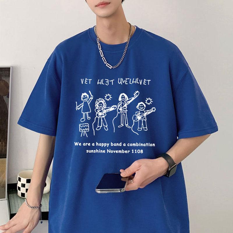 

Fashionable Hand-Painted T-shirts Summer Round Neck Loose Men s Clothing Casual Short Sleeve Youthful Vitality Basic Pullovers S синий