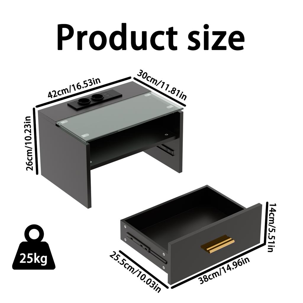 Wall-mounted Bedside Table with Lights 3-Tier 2AC/2USB with Drawer Wood Bedside Multifunctional Cabinet Tempered Glass Top Shelf