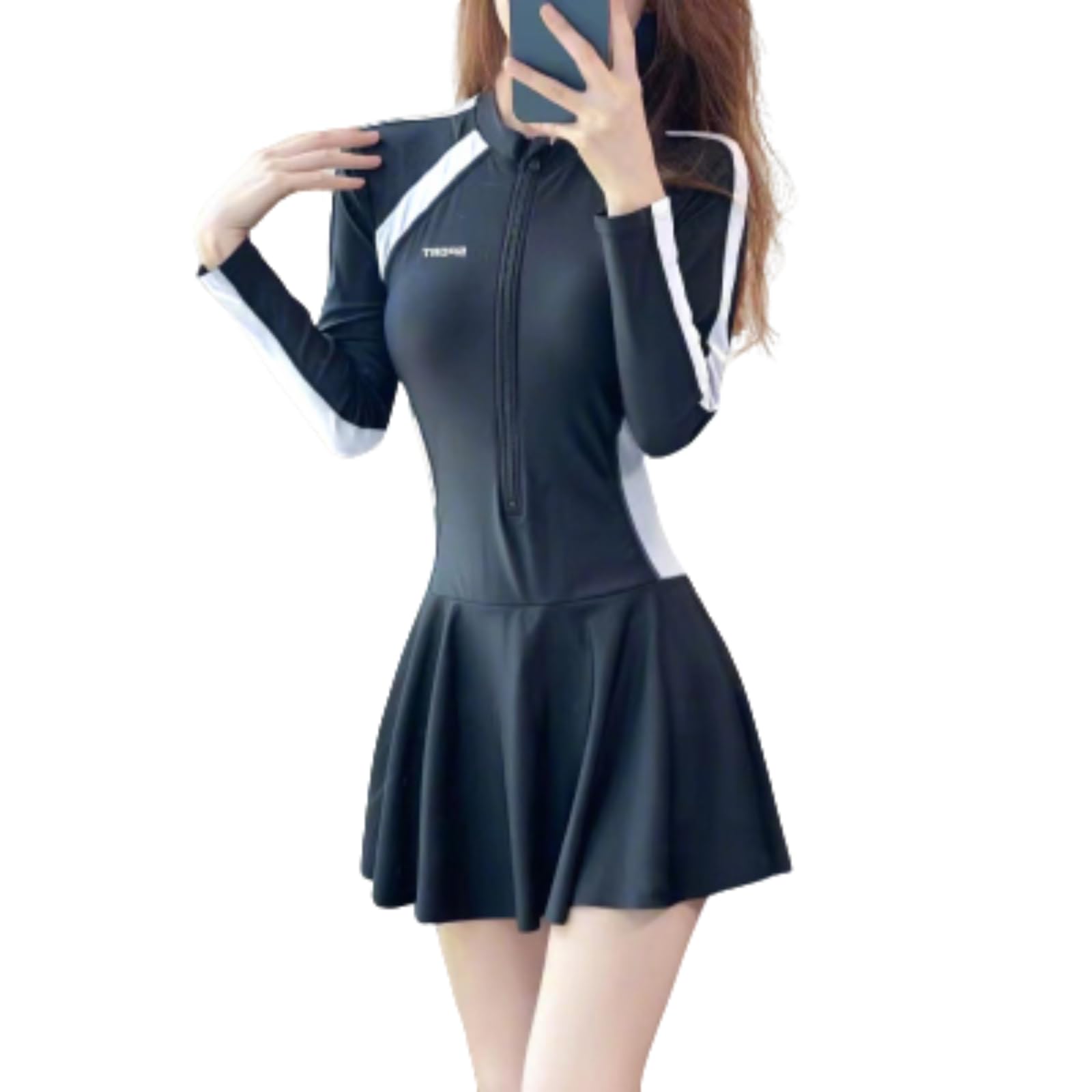 УФ Длинный Рашгард Высокий Спортивный Размер М [JINJUDUO] Женский Купальник, Цельный, Формирующий Фигуру, Защита, Милый, Стройнящий, С Чашечками, Влагоотводящий, Рукав, белый