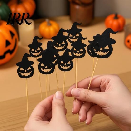 Dark Halloween Party Decoration 8 Pcs Cupcake Toppers, Black Glitter Witch Hat Pumpkin Durable Cake Toppers for Parties Picks Supplies, Birthday