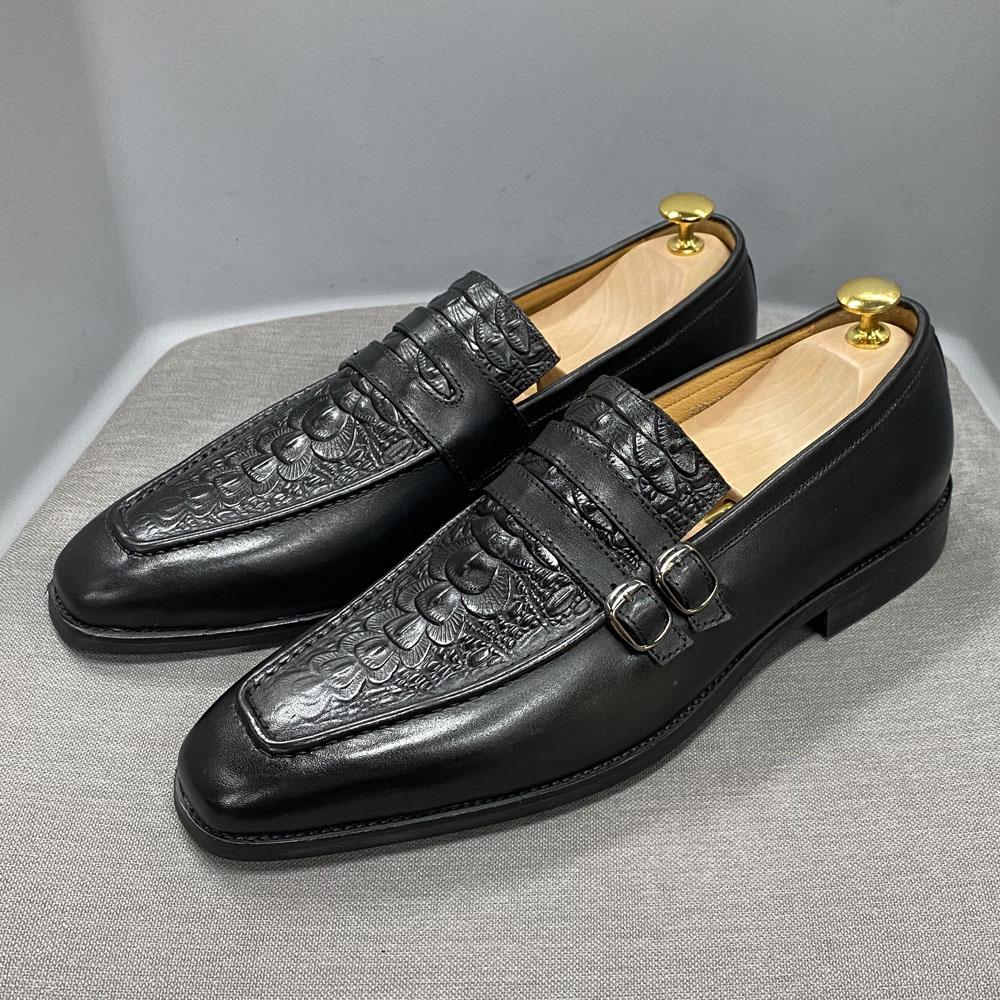 Fashion Luxury Men Dress Shoes Genuine Leather Crocodile Print Wedding Loafers Double Buckles Business Office Formal Slip on Mens Shoes