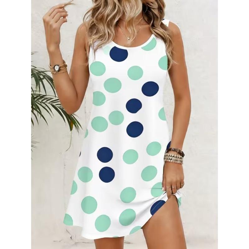 Women's Polka Dot Pattern Printed Sleeveless Round Neck Dress Loose Soft and Comfortable Plus Size Dress
