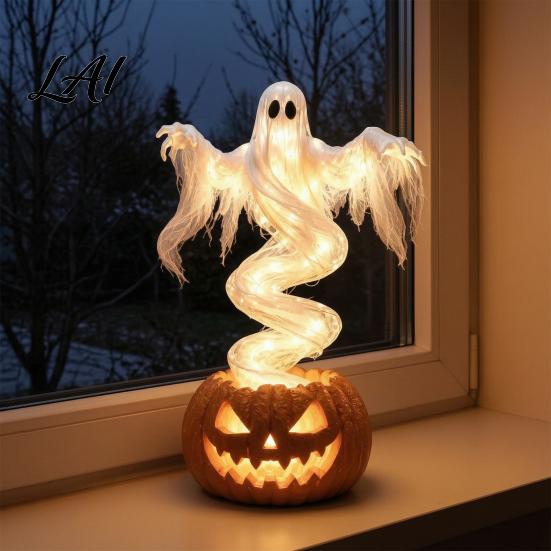 Osvětlená Strašidelná Domácí Dekorace Duch Dýně Zahradní Lampa Halloween Pryskyřičná Figurka s Teplým LED Světlem Tematická Místnost Rotující na Základně Stolní Dekorace na Verandu