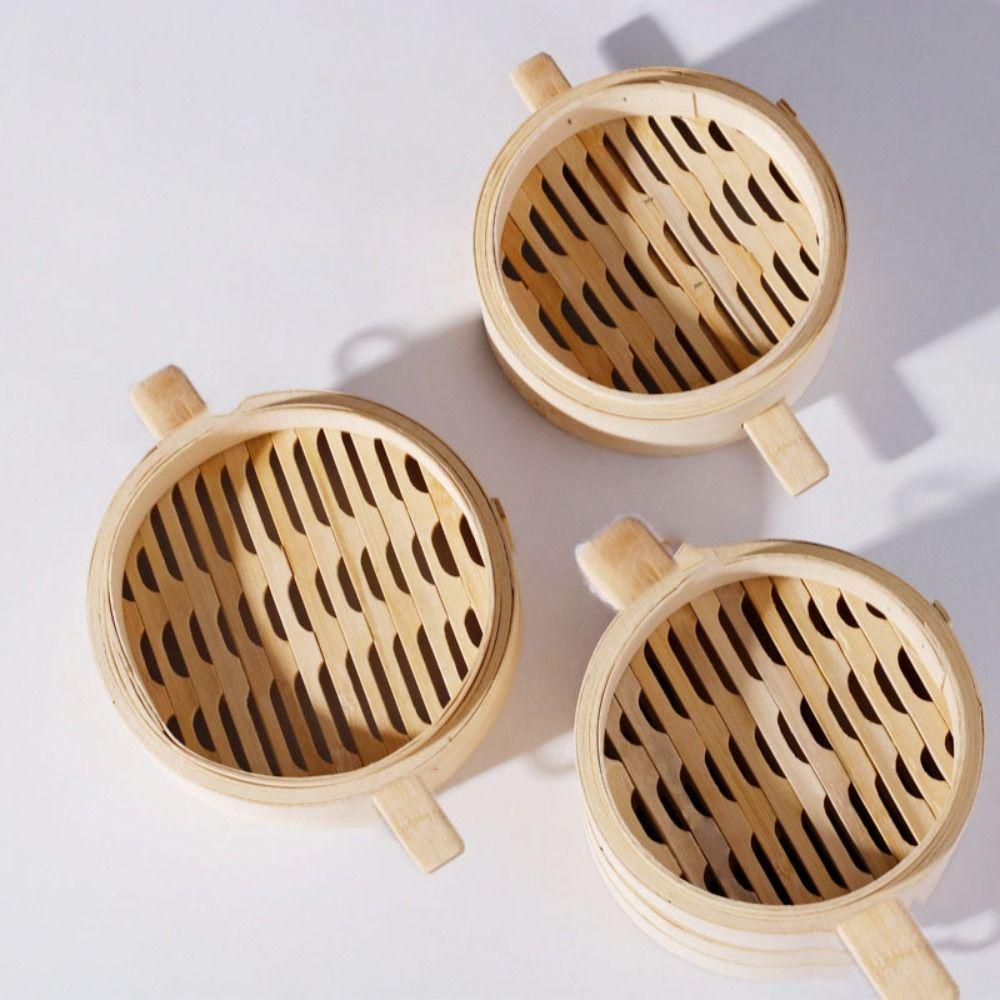 With Handle Bamboo Steamer Round Stuffed Bun Steamer Household Bamboo Steam Basket  Dumpling
