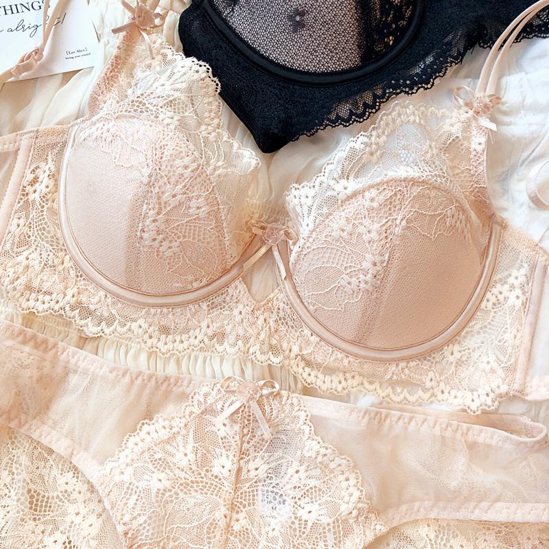 Set nou de lenjerie intimă pentru femei, sexy, cu dantelă, sutien push-up franțuzesc cu cupă subțire 3/4, bralette, decor drăguț cu fundă, lenjerie intimă, sutiene confortabile, seturi de chiloți