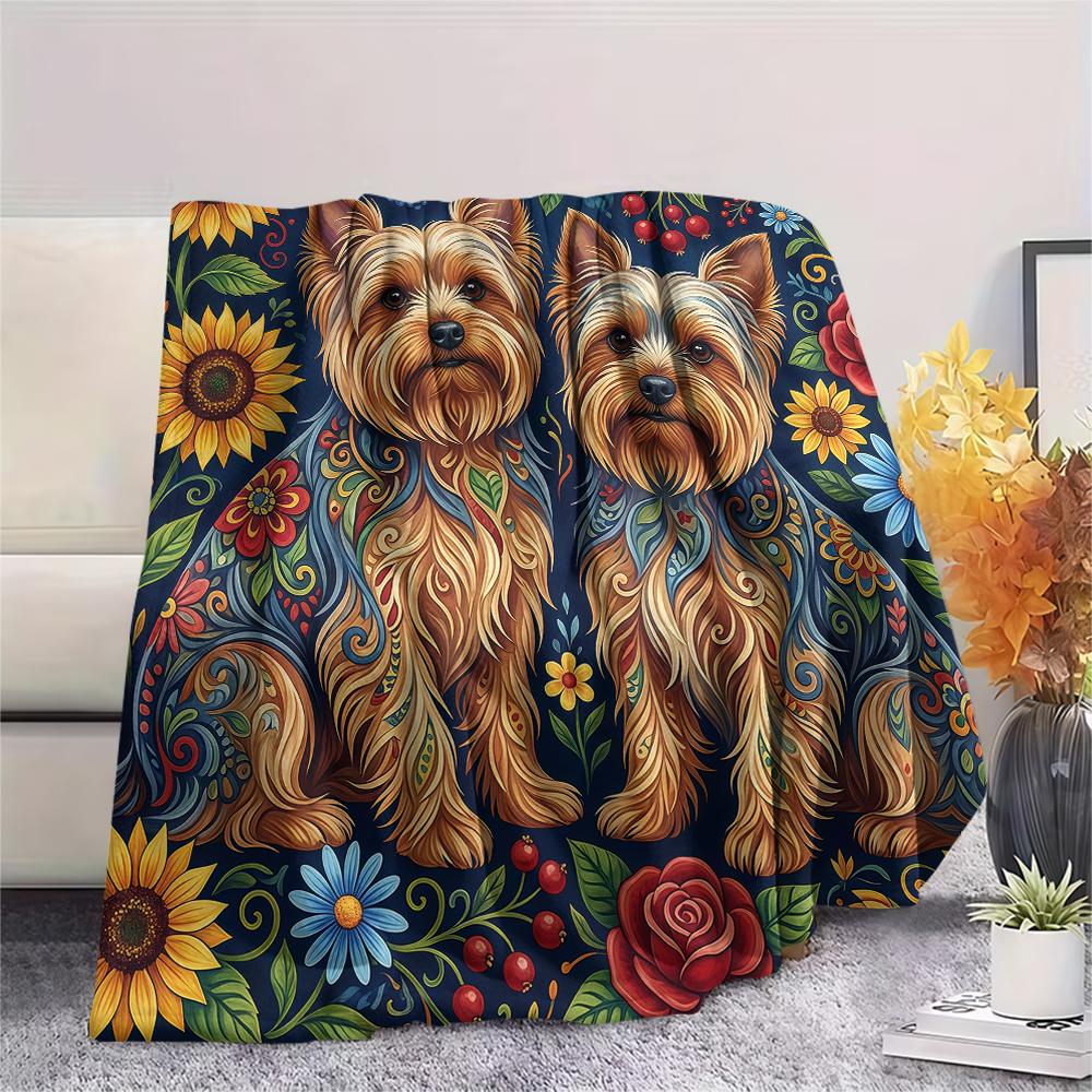 Sunflower Flowers and Puppies Print Flannel Blanket,High Quality Comfortable for All Seasons,Home Decor,Warmth and Comfort,Perfect for Christmas Gifts
