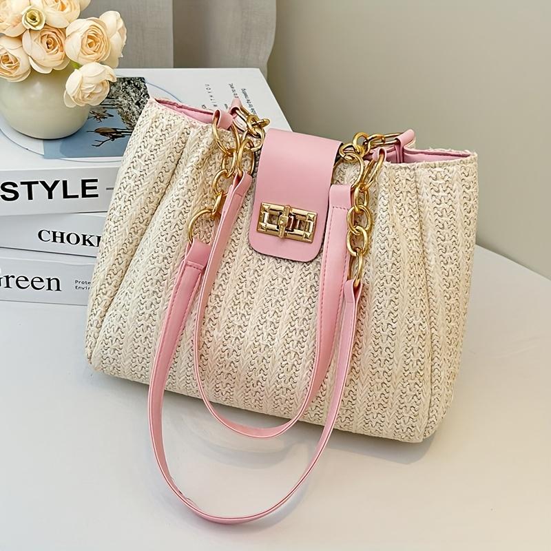 Sac à bandoulière élégant pour femme en tissu tissé grande capacité, bandoulière à chaîne parfaite pour les sorties décontractées et le shopping, sac cabas tissé