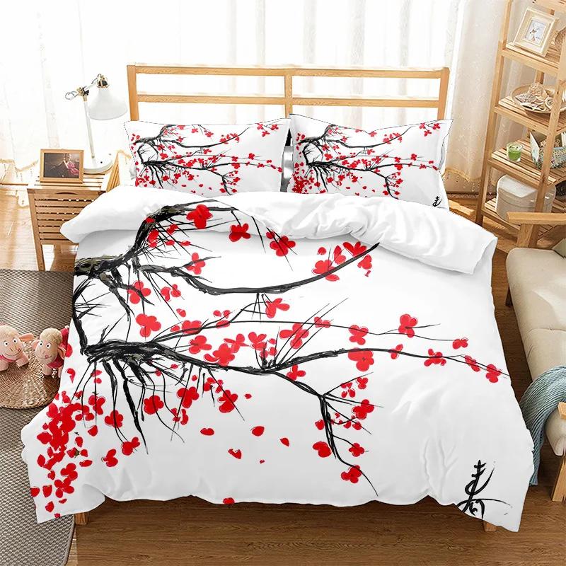 Japanese Duvet Cover Branch Of A Flourishing Sakura Tree Flowers Cherry Blossoms Spring Art Polyester Bedding Set Full/King Size