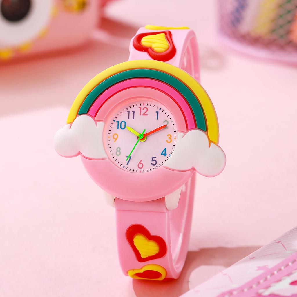 New Versatile Cute Rainbow Heart Simple Fashion Trend Silly Women's Silicone Watch Bracelet Two-piece Set Suitable for Students