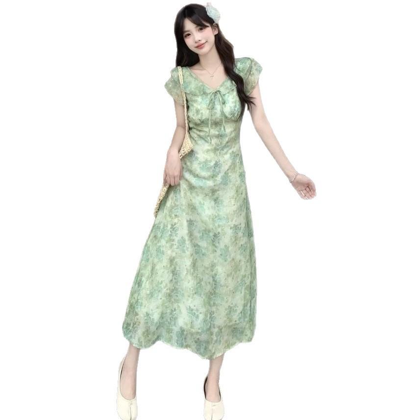 Light luxury celebrity style temperament French floral mesh suspender dress green high waist slim skirt