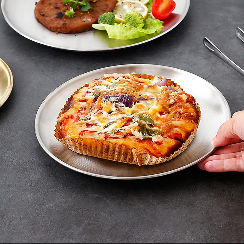 8 Pack Brushed Stainless Steel Plates, Round Kitchen Metal Dish Plates, Camping Serving Plates for BBQ, Snack, Salad, Appetizer, Fruit, Cookies