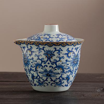 Ru Kiln Blue and White Blessed Three Talents Cover Bowl Retro Kung Fu Tea Set Household Ceramic Bubble Belt Not Hot Cup Travel Outdoor