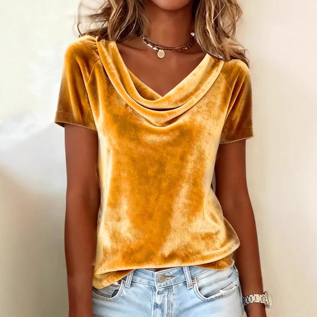 2025 Women's Velvet Swing Collar Short Sleeve Solid T-shirt
