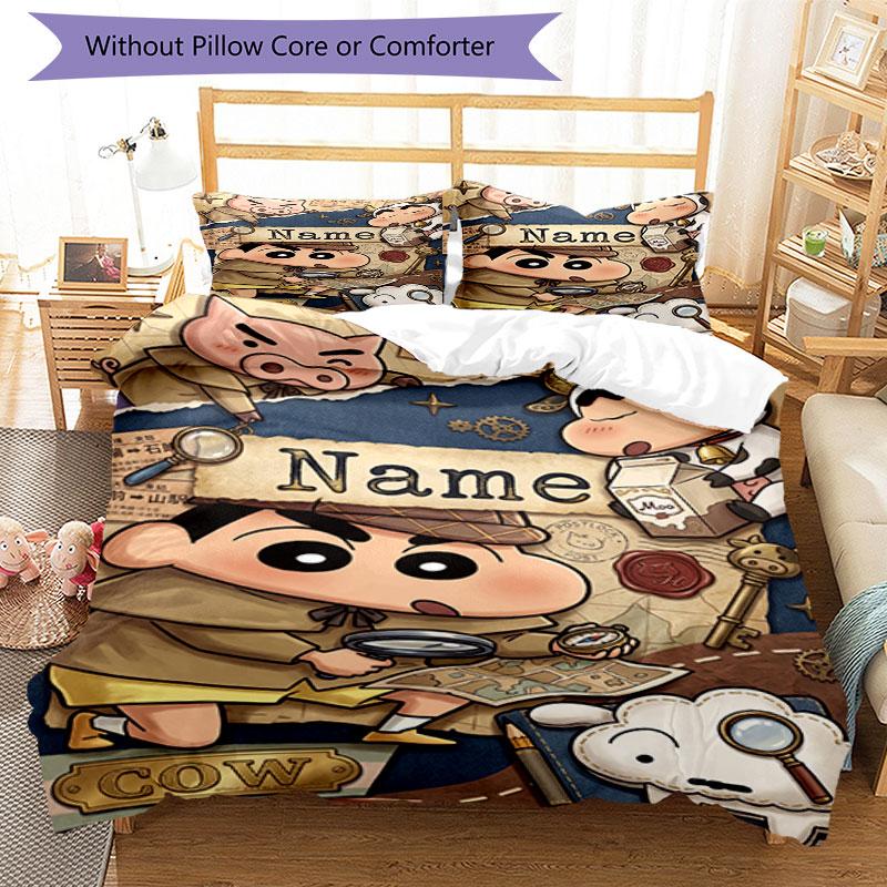 3pcs Duvet Cover Set (1*Duvet Cover + 2*Pillowcase, Without Core), Custom Name Crayon Shin chanPattern Bedding Set, Home Bedroom Decor Gift