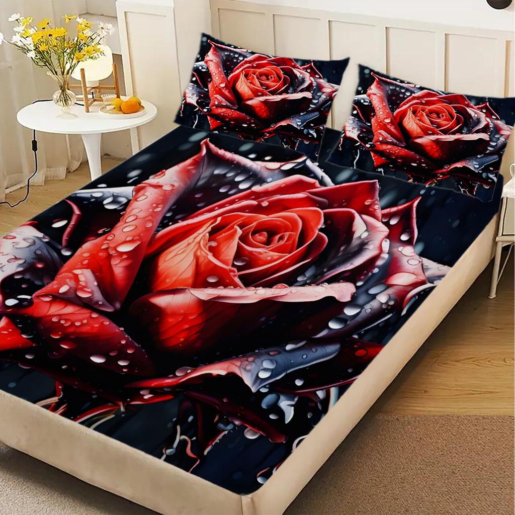 3D Fitted Sheets Set Red Flowers Blooming In the Rainy Night Pattern Cute Bedding Set Printed Customized For Girls Kids Decorate