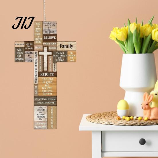 Rustic Wall Decor Easter Wooden Cross Ornament, Hanging Pendant with Hemp Rope for Decor, Religious Home Decoration, Solid Wood Scripture Sign