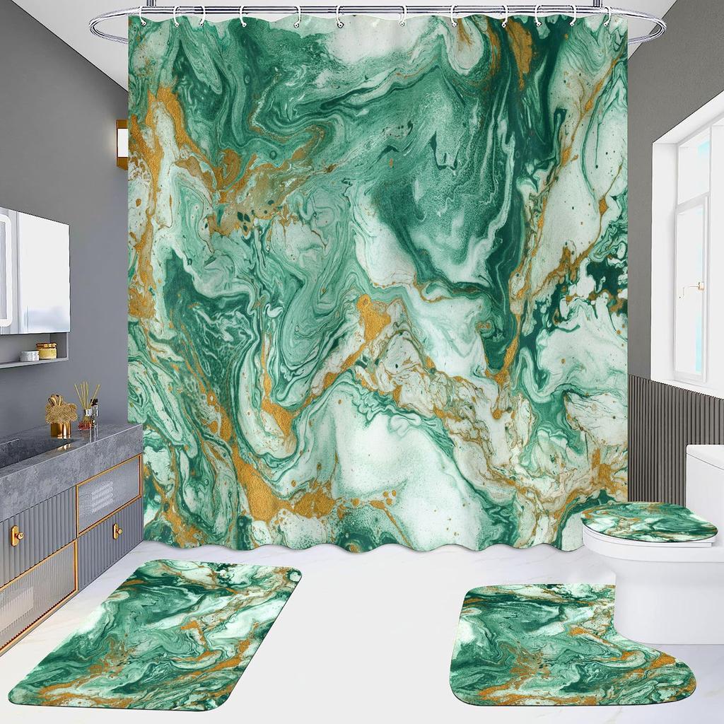 4Pcs Marble Series Shower Curtain Sets for Bathroom Non-Slip Bathroom Rugs Lid Toilet Cover Bath Mat