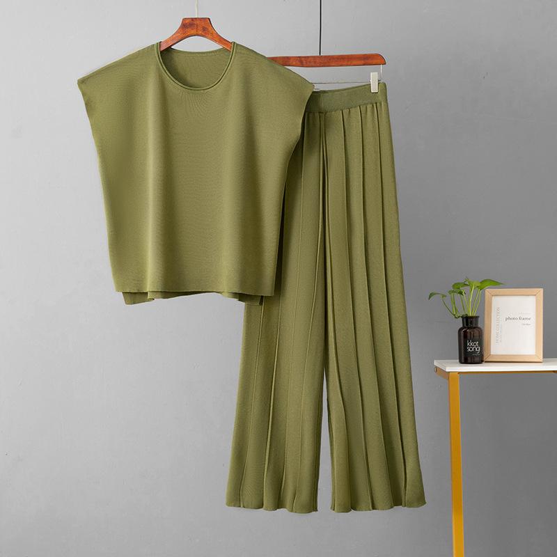 GMXIA Casual Women's Summer Solid-color Sleeveless Vest, Knitted Sweater, Wide-leg Pants, Large-sized Ice Silk Suit