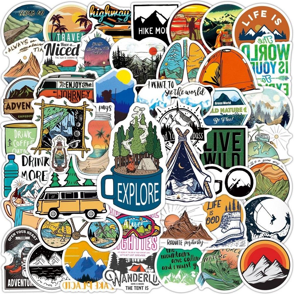 50 100Pcs Outdoor Travel Stickers Hiking Adventure Wilderness Camping Vinyl Decal Water Bottle Laptop Cup Car Waterproof