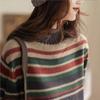 Johnature Women Vintage Winter Pullover Sweaters Half High Collar Striped Knitted Long Sleeve Casual Female Sweaters