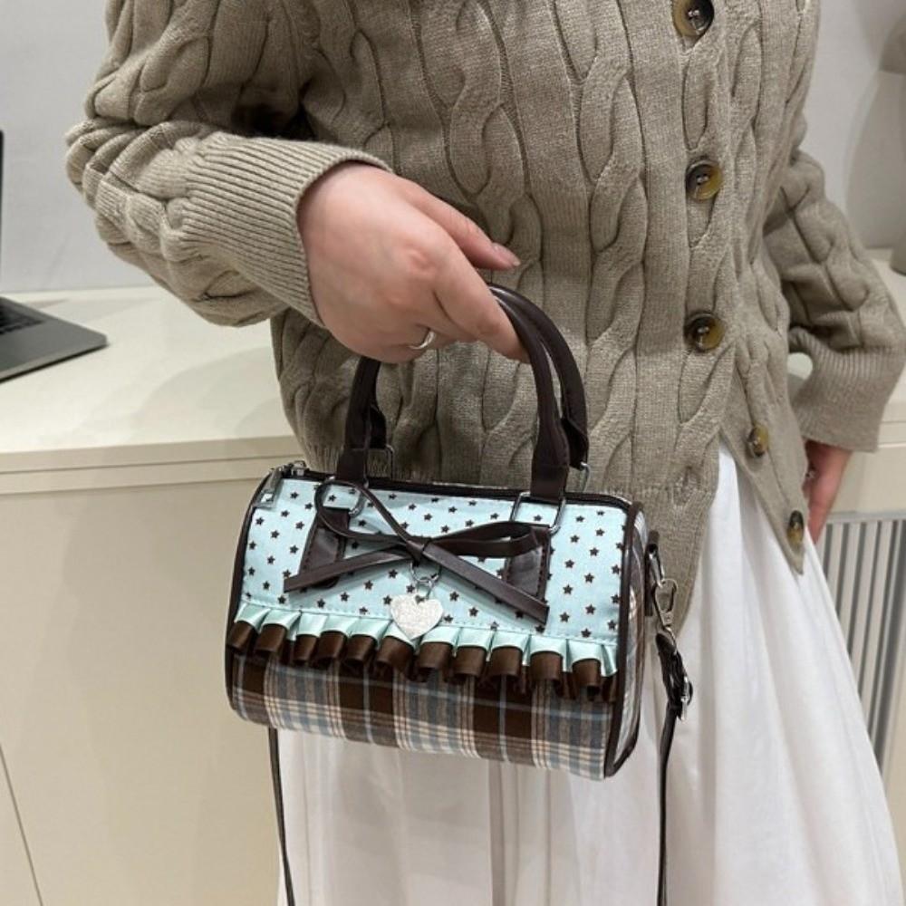 Borsa a Mano Portatile Retrò con Fiocco a Pois Borsa Bowling Color-block Raffinata con Bordi in Pizzo Chiusura a Zip Borsa a Tracolla per Uso Quotidiano