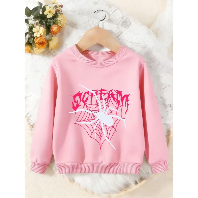 Unisex Kids Crewneck Sweatshirt, White Spider Pink Web Gothic Letter Print Pullover, Boys Girls Halloween Sweatshirt For Kids Over 4 Years Old