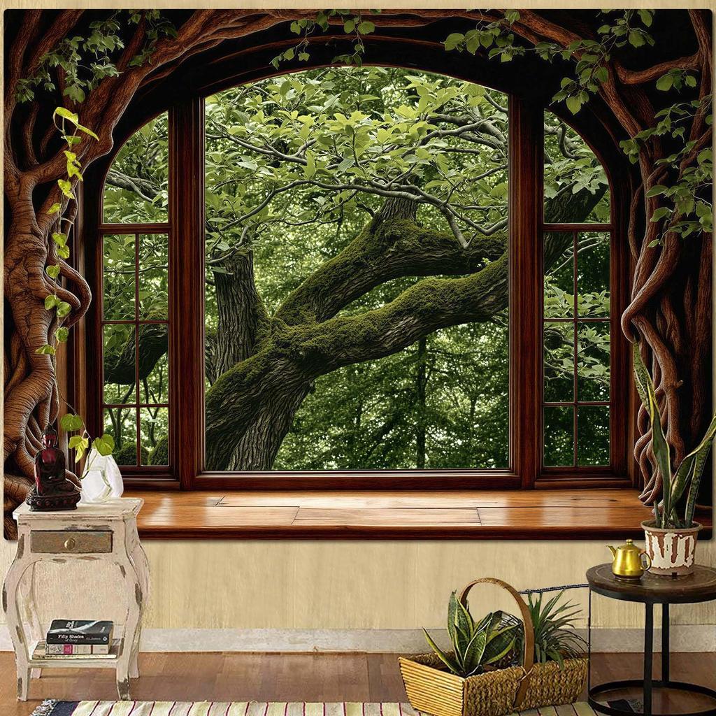 Forest Window Tapestry, Nature Outdoor Tree Wall Backdrop, Woodland Scene Large Mural For Bedroom Living Room Office Decor