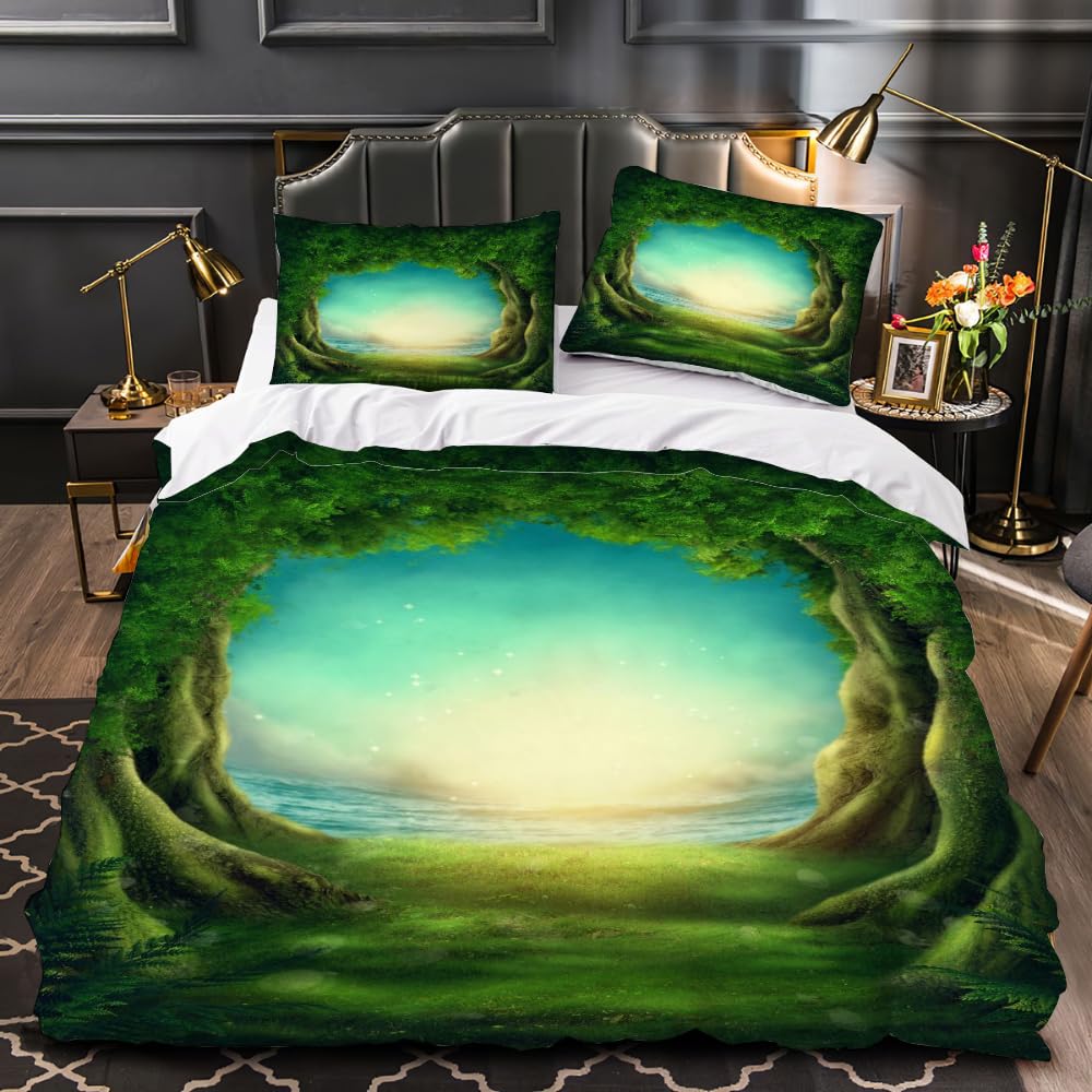 Forest Duvet Cover Magical Woodland Jungle Comforter Cover Dreamy Misty Scene Bedding Set For Girls Boys Full Queen King Size