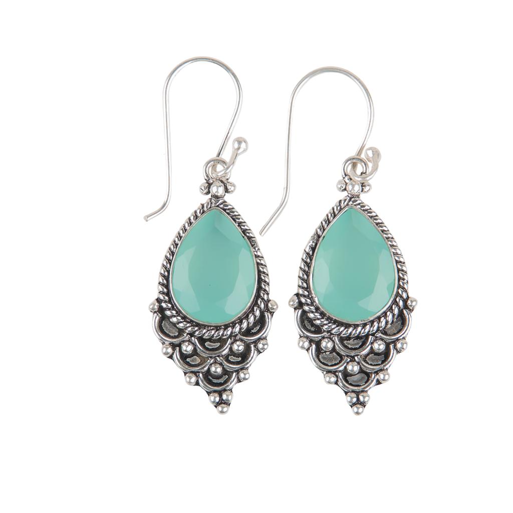 Aqua Chalcedony Gemstone 925 Sterling Silver Jewelry Earrings 1.9" Gift For Her EE-85-17