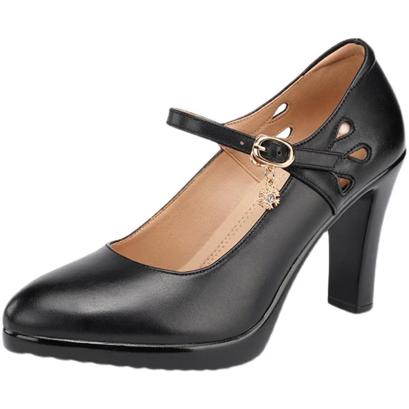 6 8 10cm Small Size 32-43 Shallow Genuine Leather Shoes Women Pumps 2025 Block High Heels Shoes Platform for Office Model Mom