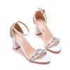 7cm Thick Heel Shallow Mouth One-strip Sandals Thick Square Heel Sandals White Rhinestone Bride Wedding Sandals Women's Large Size