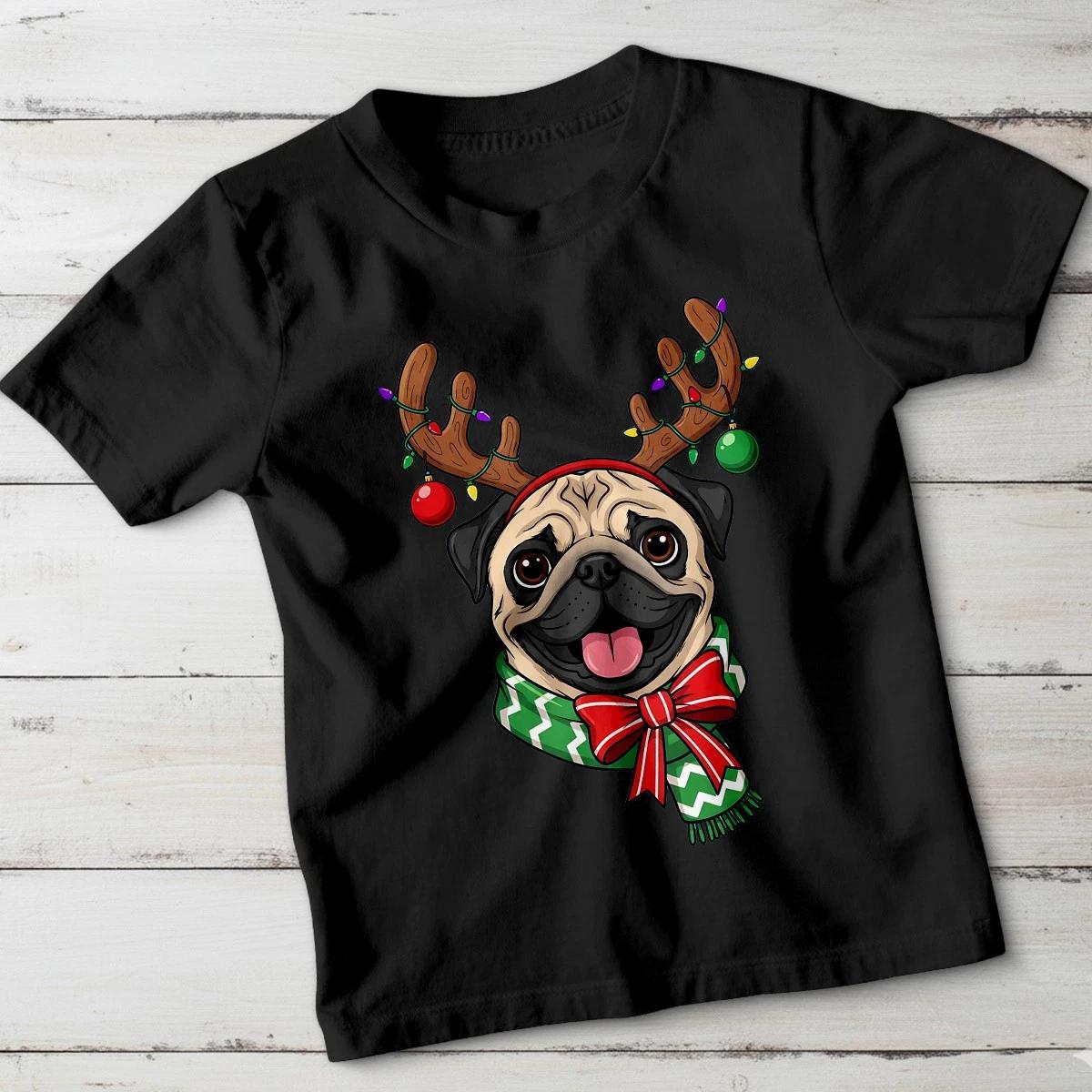 Pug Reindeer Christmas Holidays Kids T-Shirt Festive Dog Tee 120