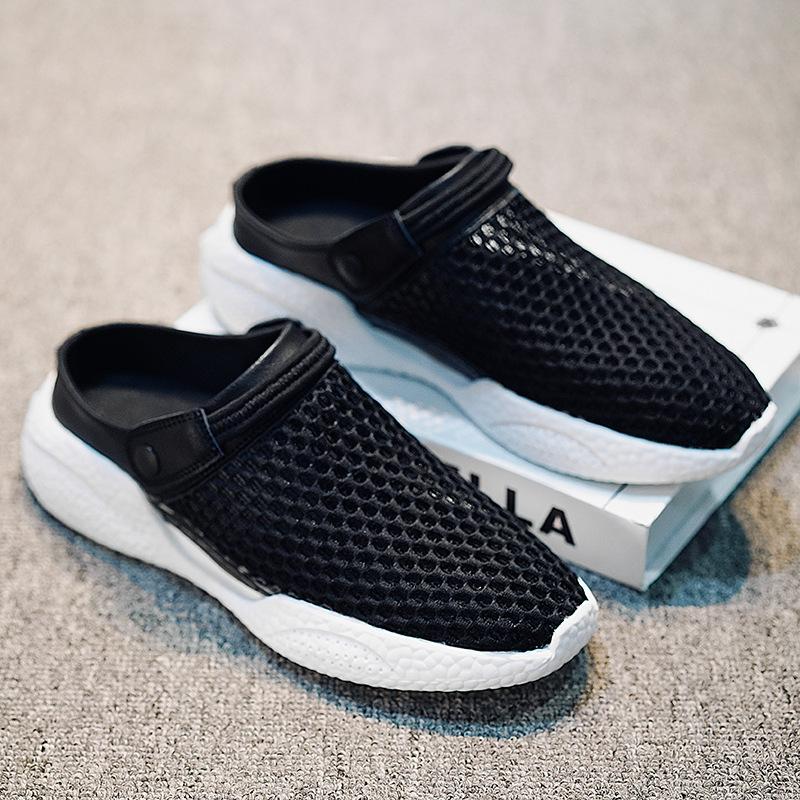 Sandals Men's Summer New Single-mesh Breathable and Lightweight Outer Wear Half-tray Sneakers Deodorant Hollowed-out Mesh Beach Shoes