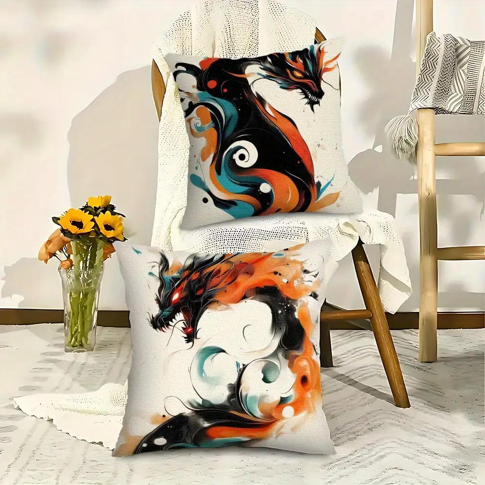 Watercolor Dragon Pattern Double-Sided Printed Pillow Cover Short Plush Suitable Living Rooms Bedrooms Sofas Throw Cushion Cover