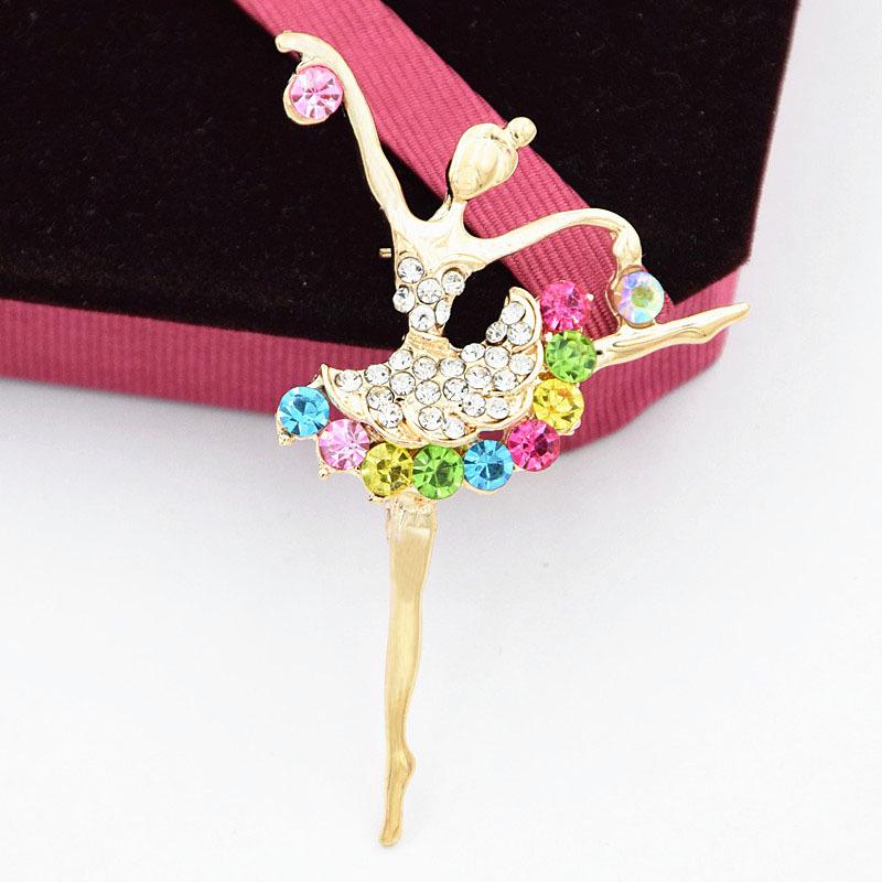 Gold-Plated Ballerina Brooch with Colorful Rhinestones