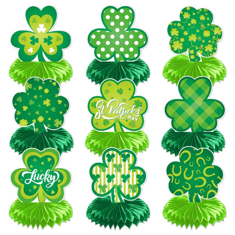9pcs/set 2026 New Irish Festival Decoration, Clover Honeycomb Ornament, St. Patrick's Day Party Desktop Ornament Honeycomb