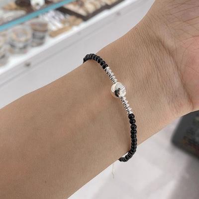 S925 Silver Ball Ball Pearl Black Agate Bracelet