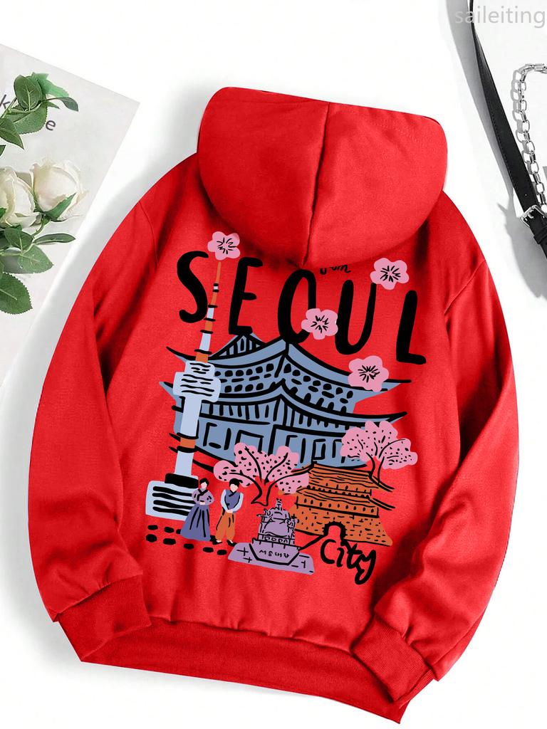 Seoul Beautiful Scenery Printing Womens Warm Comfortable Hoodies Simple Street Pullover Winter Clothes Women Streetwear Women
