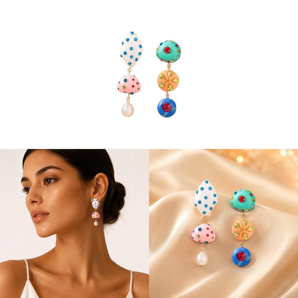 Baroque Style Asymmetric Earrings With Mixed Materials And Crystal Details For Ladies